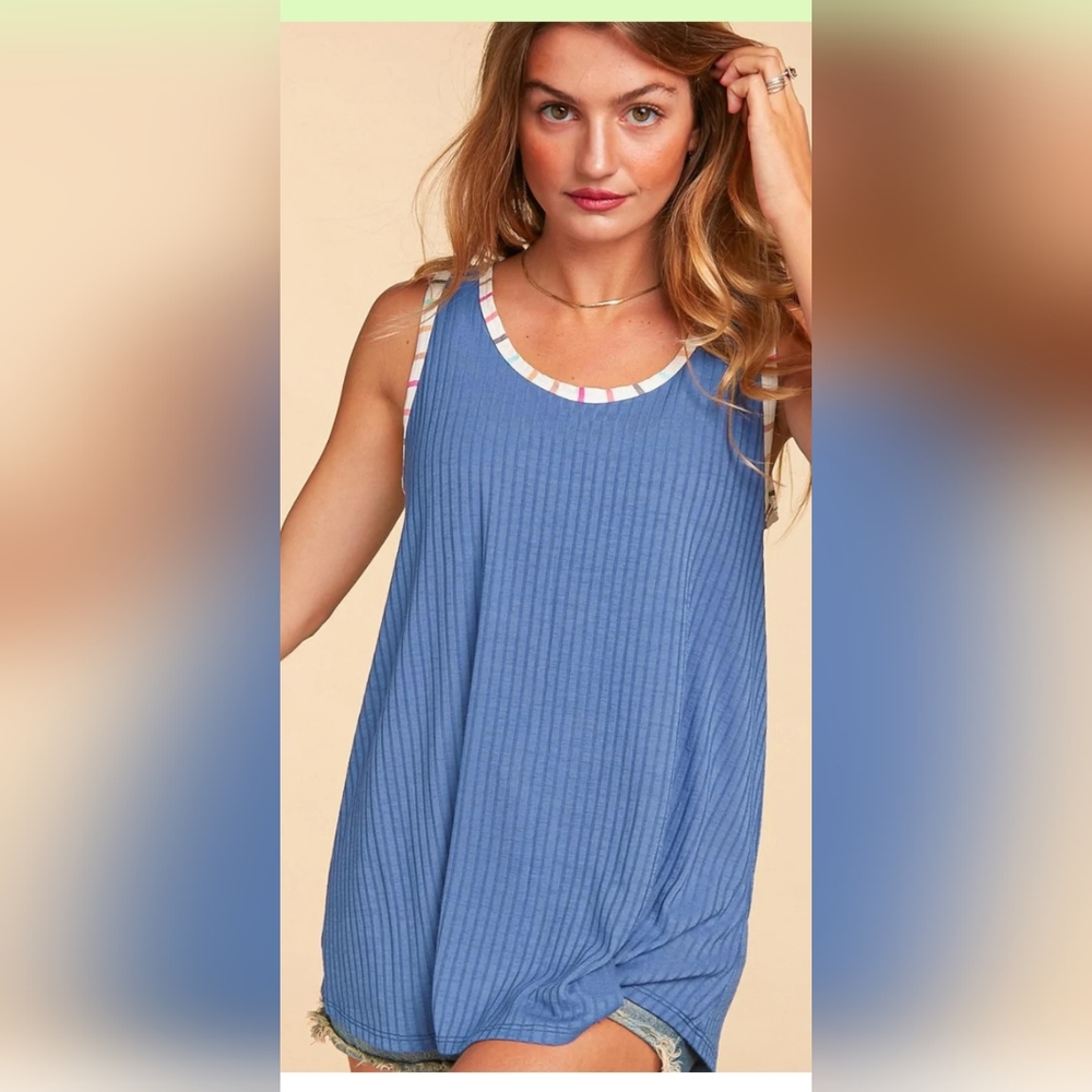 Plus Denim Blue Multi Color Stripe Banded Rib Tank Top - Picture 5 of 6